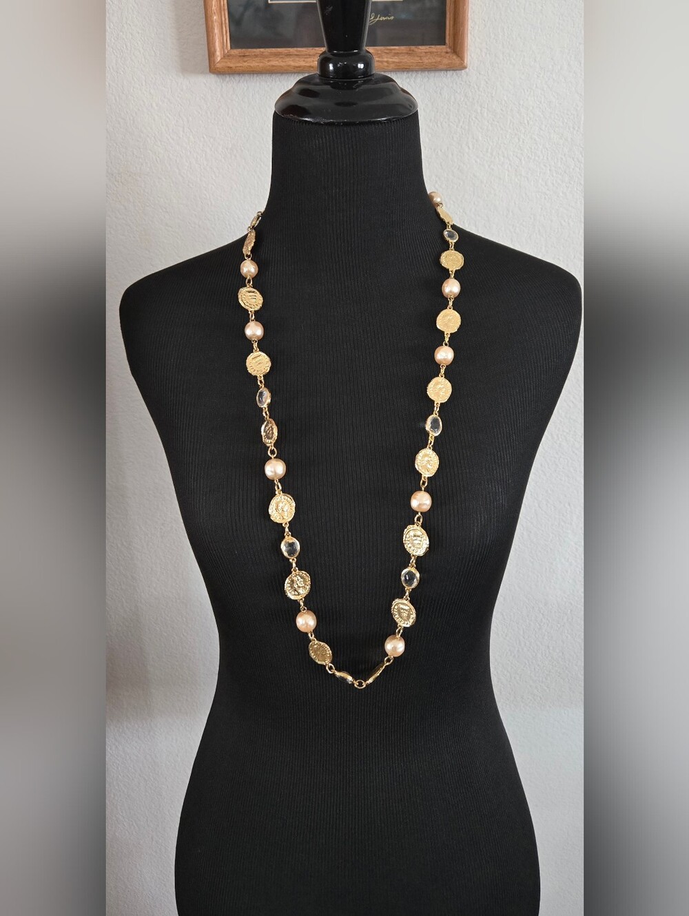 Chanel Knockoff Baroque Pearls, Gold Coins & Looking Glass Necklace